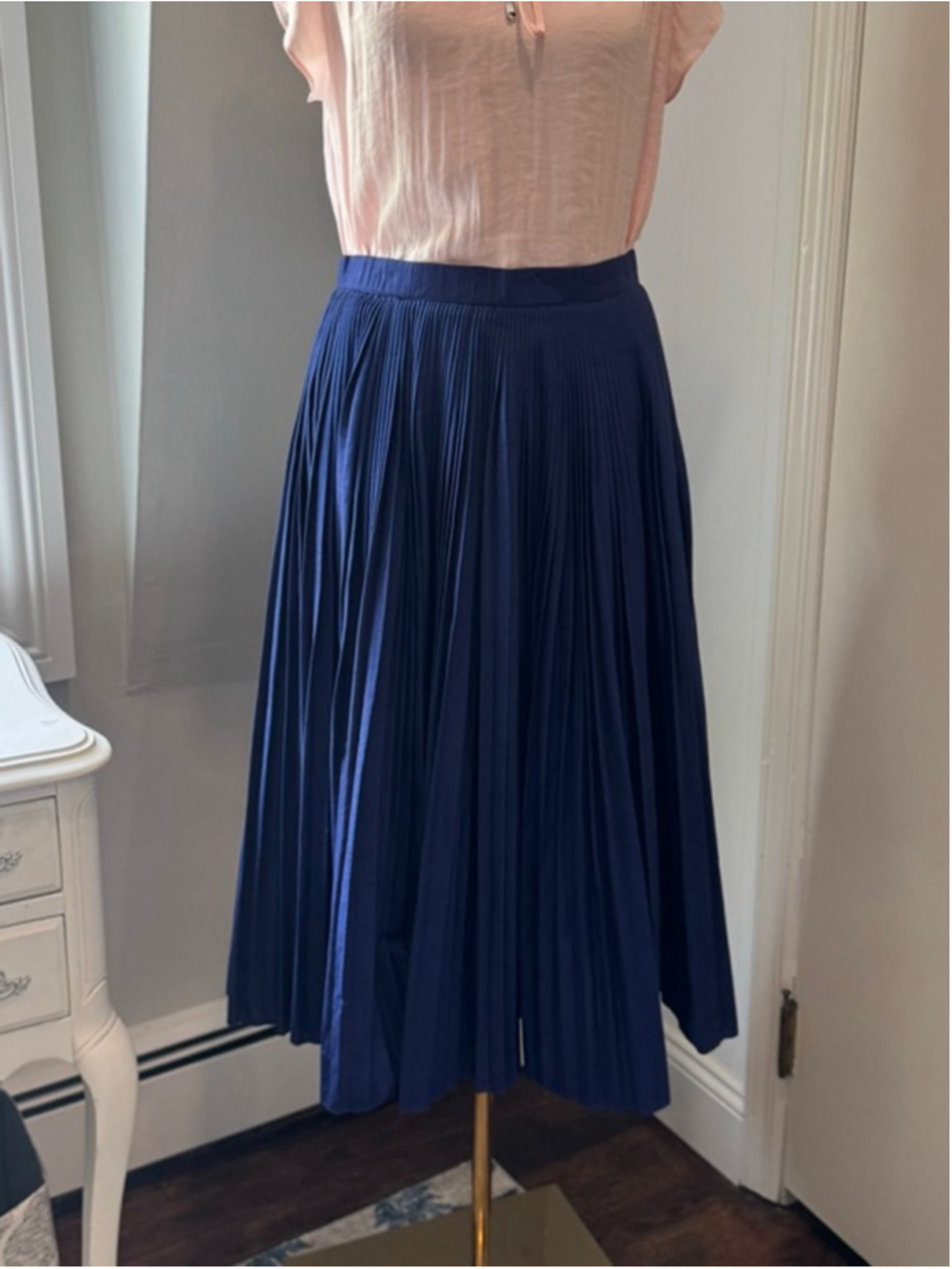 Vintage Navy Pleated Midi Skirt Approx 29” Waist Altered Classic A-Line